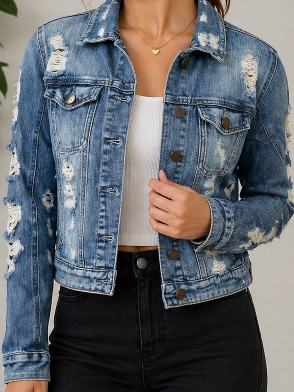 Guess Women's Ripped Light Blue Denim Jacket